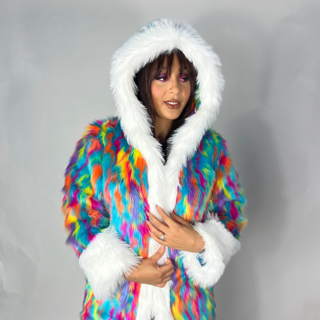Rainbow Swirl Faux Fur Coat