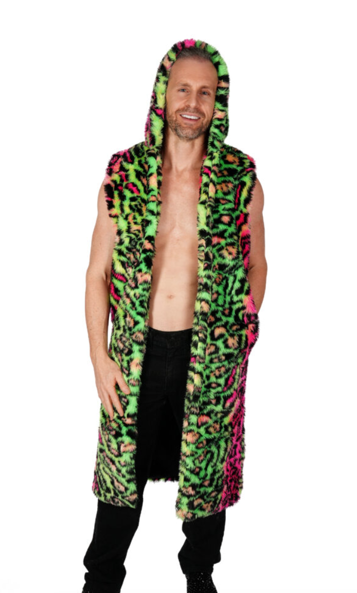 Rainbow Cheetah Sleeveless Faux Fur Coat